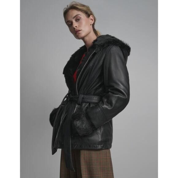 WILSON'S LEATHER Genevieve Faux Fur Belted Trench Jacket Size Large - Picture 2 of 10